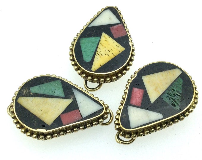 1" Multicolor Natural Ox Bone and Resin Mosaic Flat Teardrop Shape Gold Plated Bezel Connector W Dotted Edges - Measuring 20mm x 30mm.