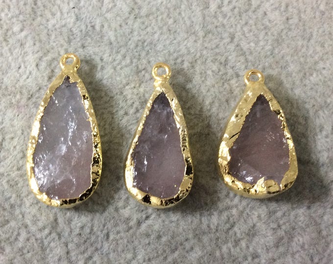 Jeweler's Lot  of Three Gold Electroformed Natural Rough Rose Quartz Freeform Pendants "RQE11"- ~  19mm - 24mm Long - Quality Raw Gemstone