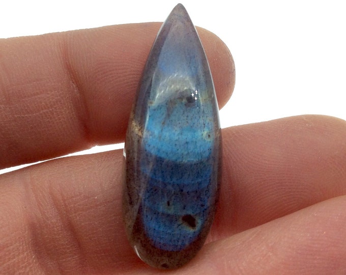 AAA Teardrop Shaped Iridescent Green/Blue Labradorite Flat Back Cabochon - Measuring 13mm x 36mm, 7.3mm Dome Height - Natural Gemstone Cab