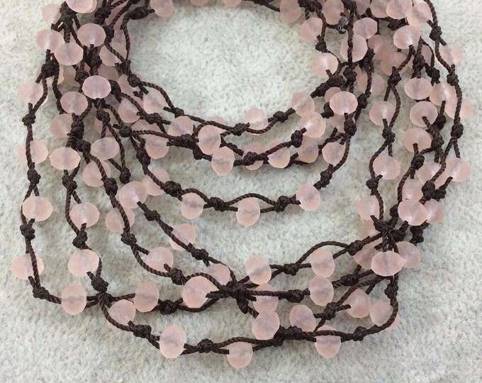 Chinese Crystal Beads | 72" Woven Dark Brown Thread Necklace with 6mm Faceted Matte Finish Rondelle Semi Transparent Light Pink Glass Beads