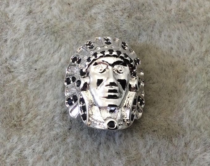 Silver Plated CZ Cubic Zirconia Inlaid Native American Head Shaped Bead Black CZ - Measures 13mm x 15mm, Approx. - Sold Individually, RANDOM