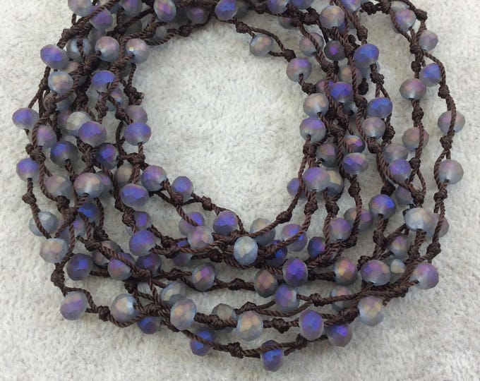 Chinese Crystal Beads | 72" Woven Dark Brown Thread Necklace with 6mm Faceted Matte Finish Rondelle Shaped Opaque Gray Purple Glass Beads