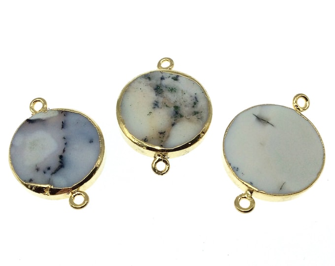 Large Sized Gold Plated Natural Flat Dendritic Opal Round Shaped Connector - 21mm - 23mm Approx. - Sold Per Each, Selected at Random