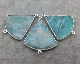 Silver Finish Faceted Green Amazonite Fan Shape Bezel - Plated Copper Connector Component ~ 30mm x 30mm - Sold Individually