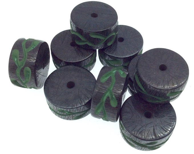 Hand-Carved Green Colored Vine - Heishi Shaped Resin Bead - 10mm x 18mm approx - Sold by Packs Of Ten (10)