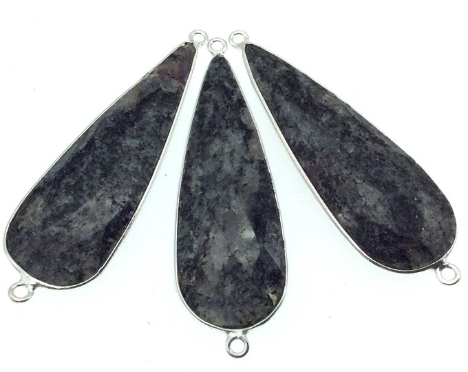 Silver Finish Faceted Black Feldspar Long Teardrop Shaped Bezel Connector Component - Measuring 15mm x 45mm - Natural Semi-precious Gemstone