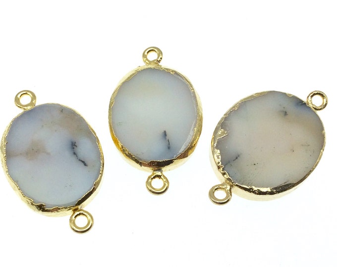 Large Sized Gold Plated Natural Flat Dendritic Opal Oval Shaped Connector - 21mm - 23mm  Long Approx. - Sold Per Each, Selected at Random