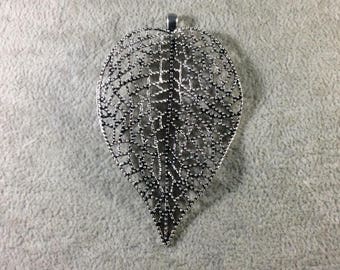 Oxidized Silver Plated Leaf Shaped Inlaid Plated Copper Base Metal Focal Pendant - Measuring 55mm x 82mm  - Sold Individually