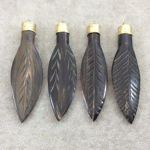 3.5&quot; Brown Carved Feather/Leaf Shaped Natural Horn Pendant with Gold Floral Cap, Four Styles to Choose From! - Measures 12mm x 85mm, Approx.