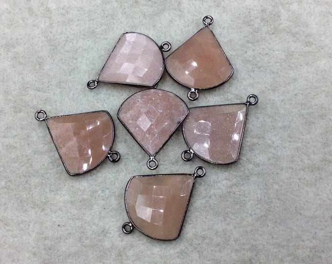 Gunmetal Plated Faceted Natural Peach Moonstone Fan Shape Bezel Connector - Approx. 20-22mm x 20-22mm - Sold Individually, At Random