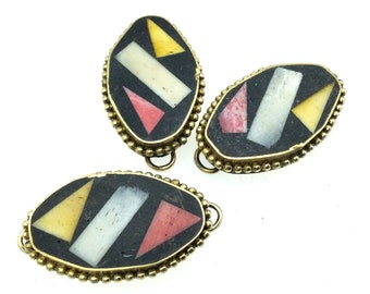 1.25" Multicolor Natural Ox Bone and Resin Mosaic Flat Oval Shape Gold Plated Bezel Connector W Dotted Edges - Measuring 20mm x 32mm.