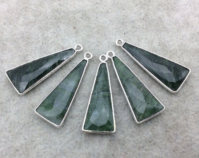 Green Aventurine Bezel | Silver Finish Faceted Triangle Shape Copper Plated Pendant Component ~ 10mm x 25mm - Sold Individually