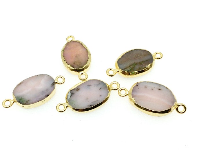Small Sized Gold Plated Natural Flat Mixed Pink Agate Oval Shape Connector - 15-16mm Long Approx. - Sold Per Each, Selected at Random