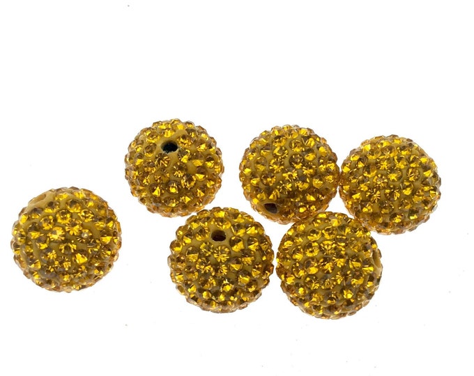 14mm Yellow Gold CZ Cubic Zirconia Inlaid Round Shaped Bead with 2mm Holes - Sold Individually - Other Colors Available!