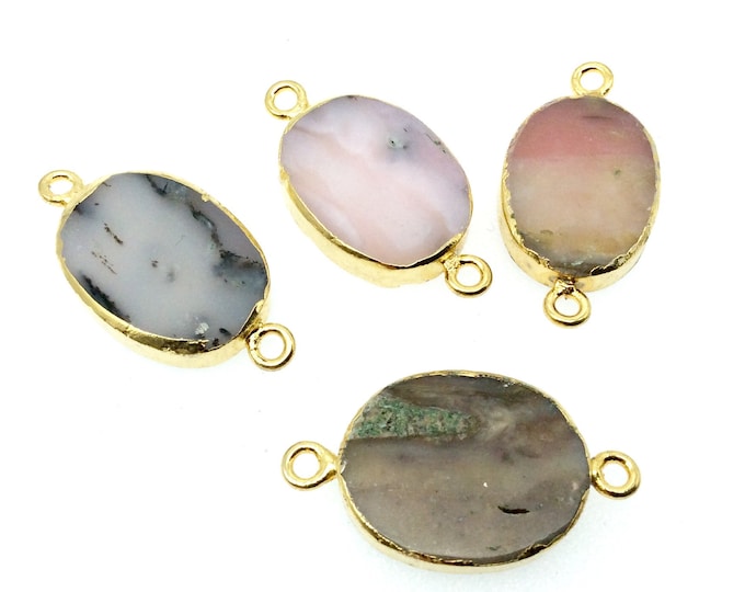 Medium Sized Gold Plated Natural Flat Mixed Pink Agate Oval Shape Connector - 18-20mm Long Approx. - Sold Per Each, Selected at Random
