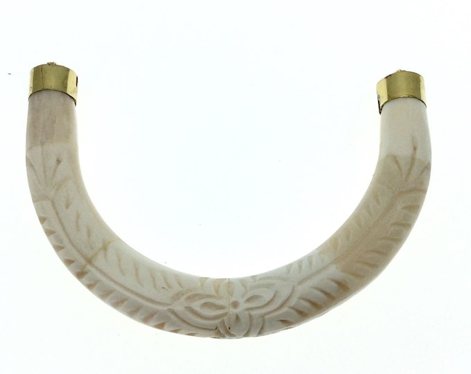 4.75" Extra Large White/Off White With Gold Rope and Circle Inlays Double Ended U-Shaped Crescent Natural Ox Bone Focal Pendant - 130 x 85mm