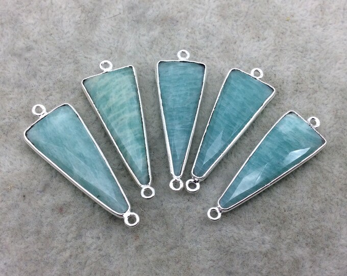 Green Amazonite Bezel | Silver Finish Faceted Triangle Shape Copper Plated Connector Component ~ 12mm x 30mm - Sold Individually