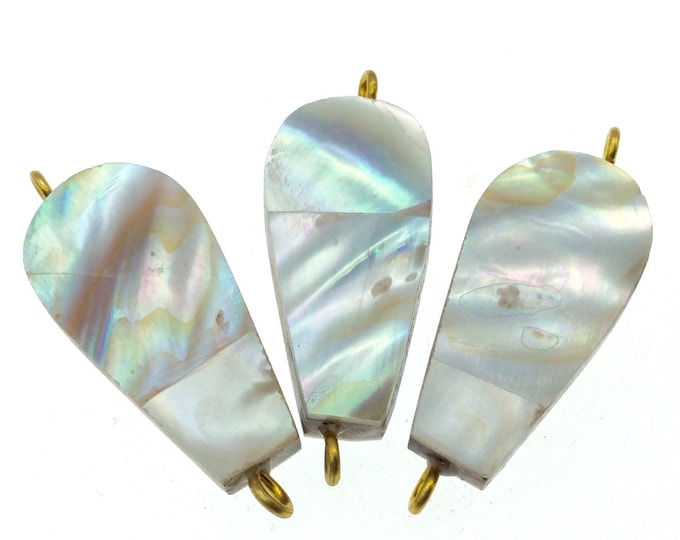 Iridescent White Flattened Teardrop Shaped Natural Shell Focal Connector - 18mm x 36mm Approximately - Sold Individually