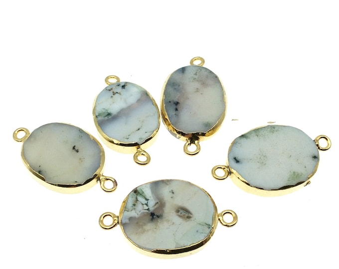 Large Sized Gold Plated Natural Flat White/Green Tree Agate Oval Shaped Connector - 20-22mm Long Approx. - Sold Per Each, Selected at Random