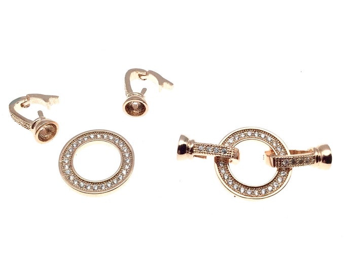 Rose Gold Plated Cubic Zirconia Encrusted/Inlaid Circle Shaped Copper Double Clasp Components - Measuring 15mm x 30mm