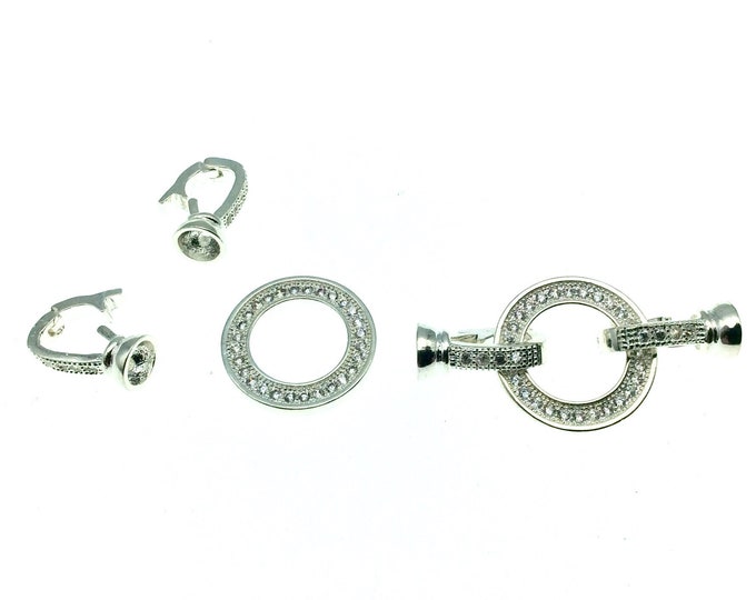 Bright Silver Plated Cubic Zirconia Encrusted/Inlaid Circle Shaped Copper Double Clasp Components - Measuring 15mm x 30mm