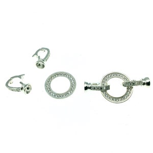 Bright Silver Plated Cubic Zirconia Encrusted/Inlaid Circle Shaped Copper Double Clasp Components - Measuring 15mm x 30mm