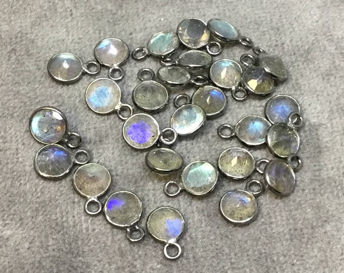 Labradorite Bezel | Gunmetal Sterling Silver Pointed/Cut Stone Faceted Round/Coin Shaped Pendants - Measuring 5mm x 5mm BULK PACK of Six (6)