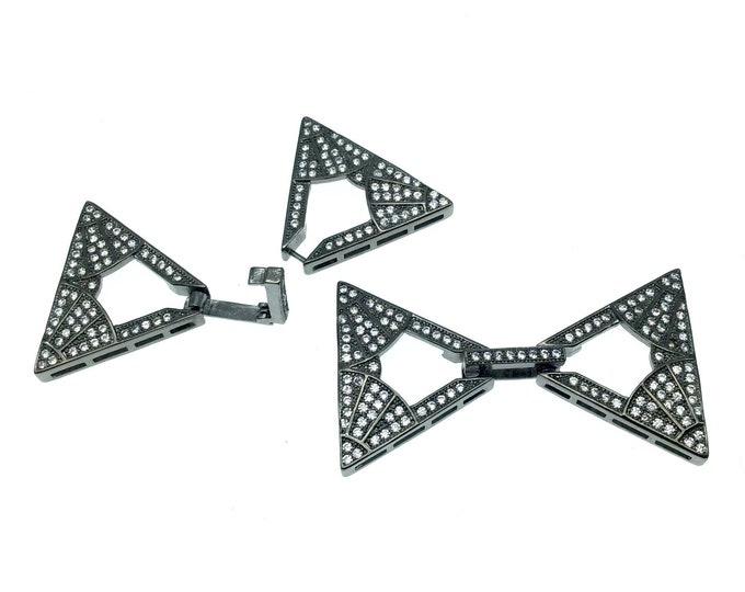 Large Gunmetal Plated Cubic Zirconia Encrusted/Inlaid Triangle Shaped Copper Clasp Components - Measuring 24mm x 42mm