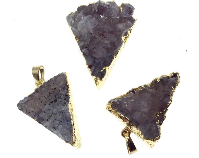 Gold Finish Electroplated Natural Amethyst Triangle Pendant - Measuring 25mm x 30mm, Approx. - Sold Individually, Random