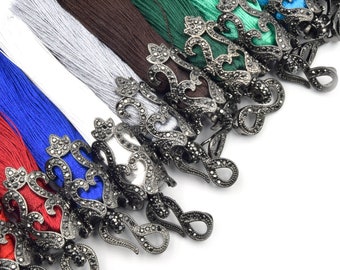 Fancy Capped Tassel | Gunmetal Pave CZ Cap Tassel Silk/Polyester Threaded | Red Blue Green Grey Pink Purple Tassel Pendants