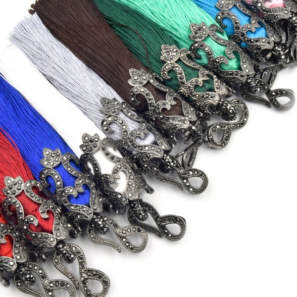 Fancy Capped Tassel | Gunmetal Pave CZ Cap Tassel Silk/Polyester Threaded | Red Blue Green Grey Pink Purple Tassel Pendants