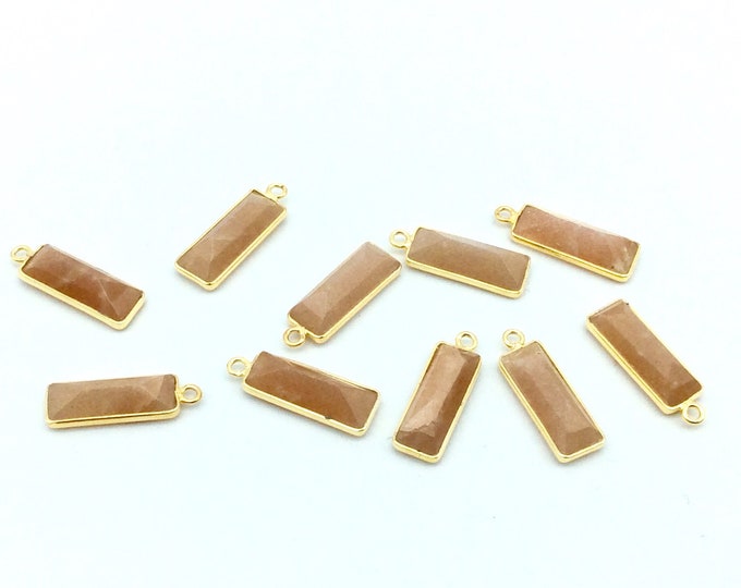 Gold Vermeil Sterling Silver Faceted Bar Peach Moonstone Bezel Pendant/Connector - Measuring 5mm x 15mm