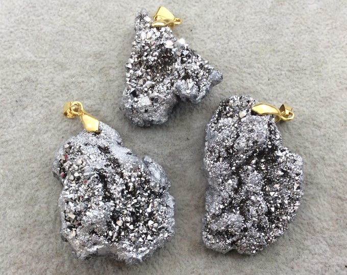 Metallic Silver Plated Druzy Chalcedony Freeform Shaped Pendant with Gold Bail - Measuring 35mm x 45mm Approx. - Sold Individually, Random