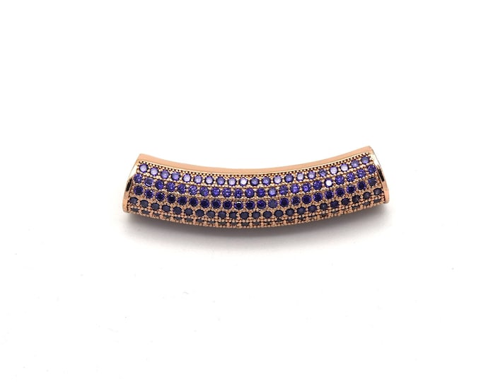 36mm Rose Gold Plated CZ Cubic Zirconia Inlaid Curved Tube/Macaroni Shaped Bead with Purple CZ