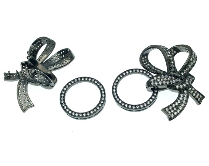 Gunmetal Plated Cubic Zirconia Encrusted/Inlaid Bow + Circle Shaped Copper Clasp Components - Measuring 40mm x 43mm