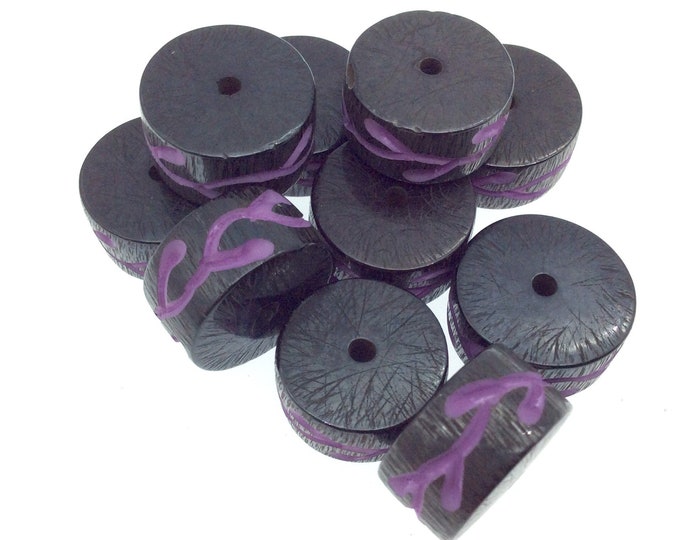 Hand-Carved Purple Colored Vine - Heishi Shaped Resin Bead - 10mm x 18mm approx - Sold by Packs Of Ten (10)