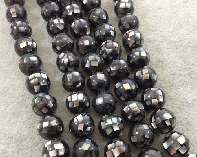 LOOSE BEADS - MOP 10mm Pearly Black/Gray Natural Mother of Pearl Inlaid Round/Ball Beads with 1mm Holes Sold in Pre-Packed Bags of 10 Beads