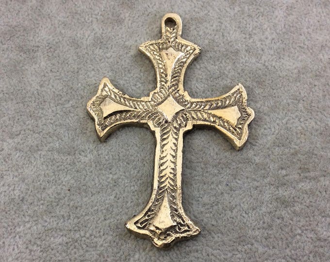 3.5" Heavy Diamond Patterned Oxidized Gold Plated Brass Cross Pendant  - Measuring 48mm x 86mm, Approximately - Sold Individually