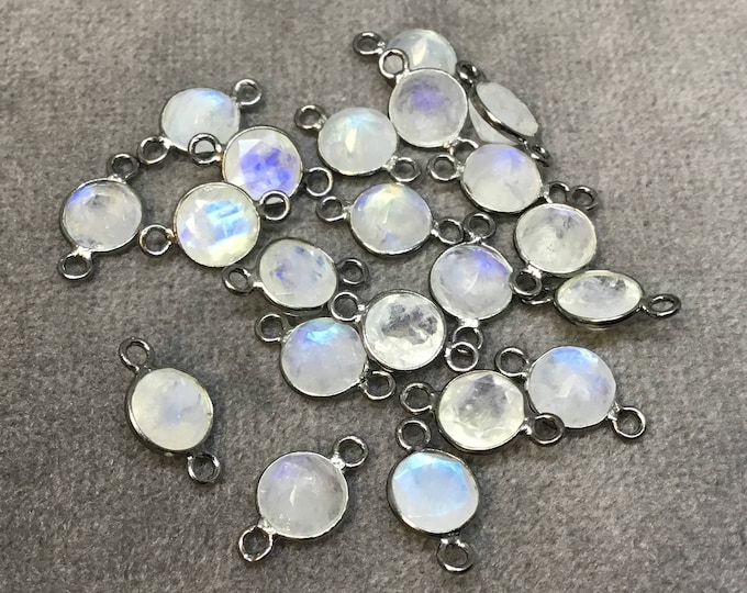 BULK PACK of Six (6) Gunmetal Sterling Silver Pointed/Cut Stone Faceted Round/Coin Shaped Moonstone Bezel Connectors - Measuring 6mm x 6mm