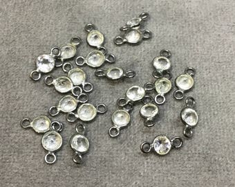 BULK PACK of Six (6) Gunmetal Sterling Silver Pointed/Cut Stone Faceted Round/Coin Shaped Clear Quartz Bezel Connectors - Measuring 4 x 4mm