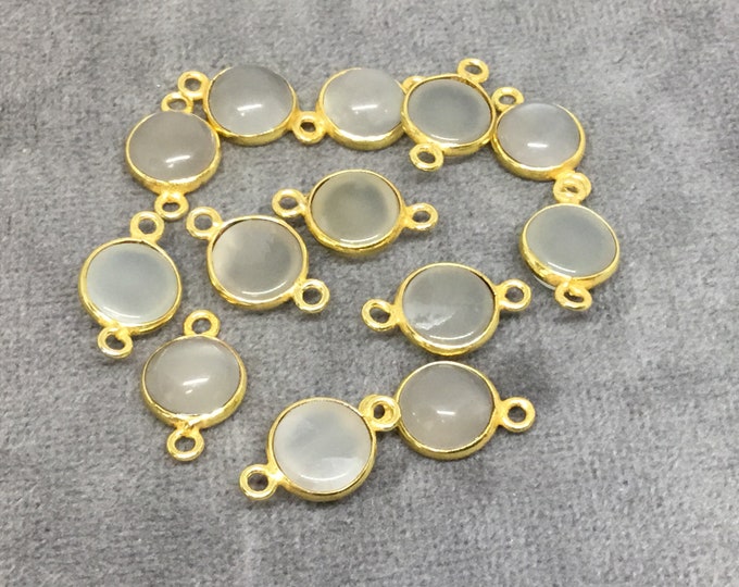 Gold Plated Smooth Natural Gray Moonstone Round/Coin Shaped Bezel Connector - Measuring 8mm x 8mm - Sold Individually, Chosen Randomly