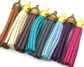 2" Faux Suede Tassels | Gray Blue Brown Green Aqua Purple Pink White Tassel | Bronze and Gold Cap | Sold in Packs of 5