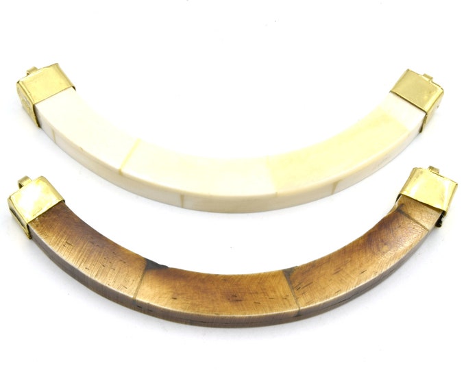 Curved Crescent Pendant | Ox Bone Flat Edged Focal Pendant | Horn Pendant | Double Gold Bail Pendant | White Crescent Brown Crescent