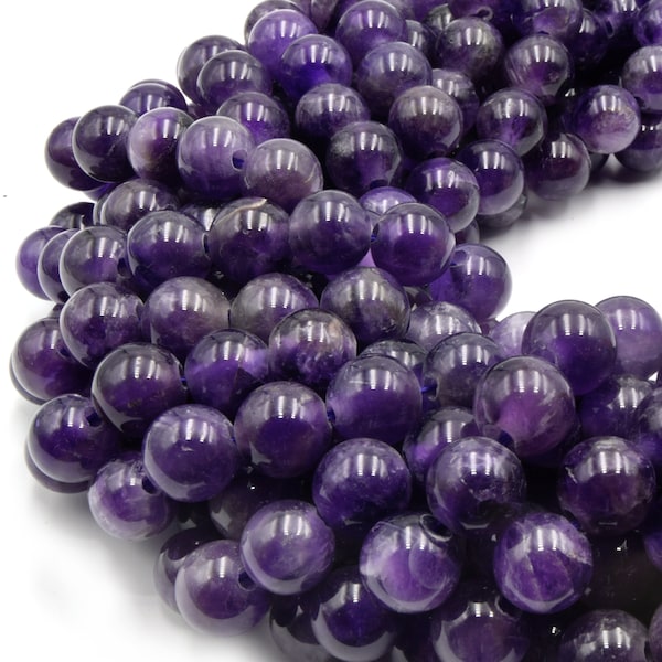 Large Hole Amethyst Beads | Amethyst Smooth Round Shaped Beads with 2mm Holes | 7.5" Strand | 8mm 10mm 12mm Available