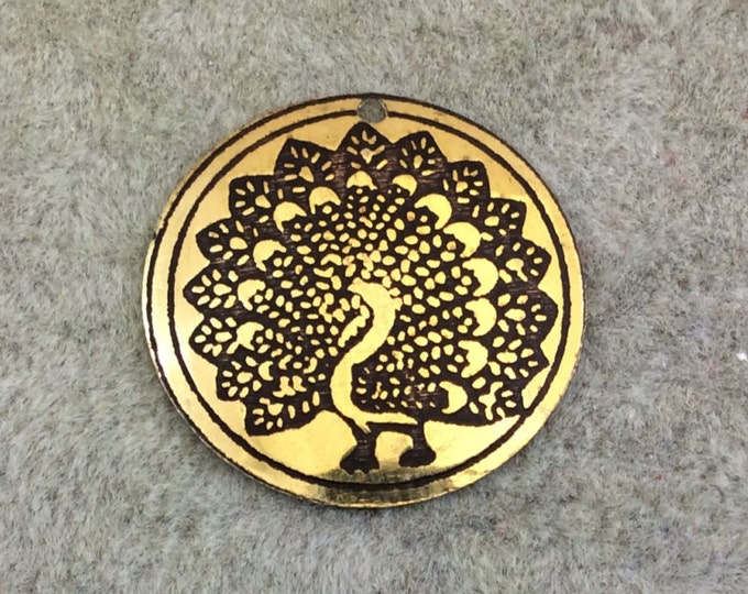BULK PACK of 1" Gold Plated Detailed Peacock Embossed Round Copper Medallion Pendants  - Measuring 22mm x 22mm - Sold in Packs of 10