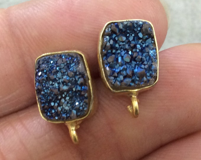 One Pair of Blue Color Coated Natural Druzy Rectangle Shaped Gold Plated Stud Earrings with Attached Jump Rings - Measuring 9mm x 11mm