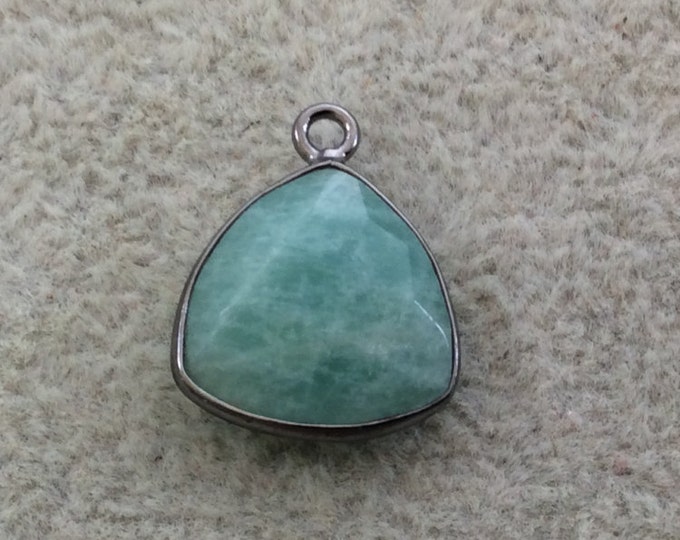 Gunmetal Plated Natural Amazonite Faceted Triangle Shaped Copper Bezel Pendant - Measures 14mm x 14mm - Sold Individually, Random