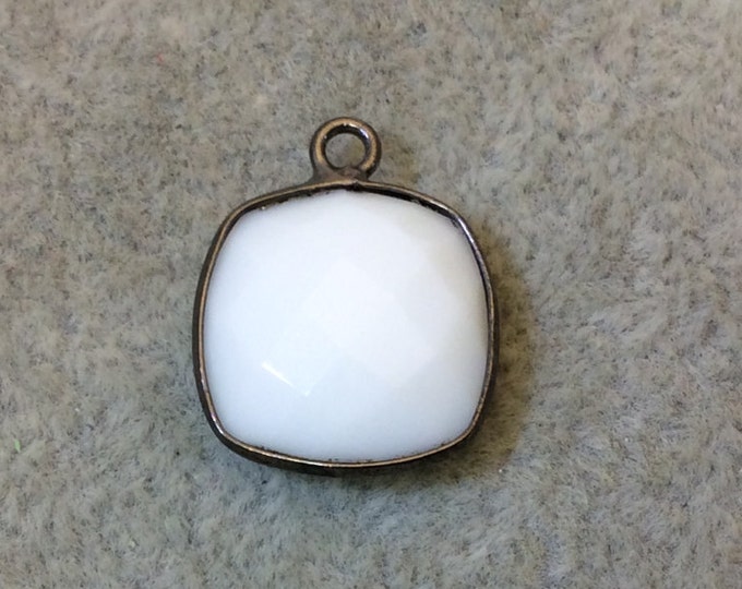 Gunmetal Plated Faceted White Hydro (Lab Created) Chalcedony Square Shaped Bezel Pendant - Measuring 15mm x 15mm - Sold Individually