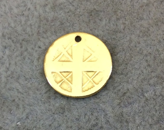 Bright Gold Plated Medieval Cross Embossed Disc/Coin Shaped Pendant/Charm Components - Measuring 12mm x 12mm - Sold in Packs of 10 (209-GD)