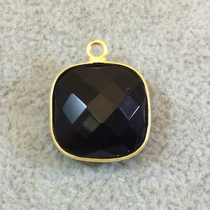 Gold Plated Faceted Hydro (Lab Created) Jet Black Onyx Square Shaped Bezel Pendant - Measuring 15mm x 15mm - Sold Individually
